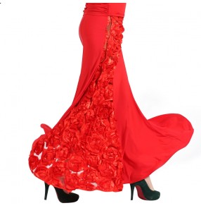 Black red rose side flowers women's ladies sexy fashion female competition performance professional ballroom tango waltz dance skirts 
